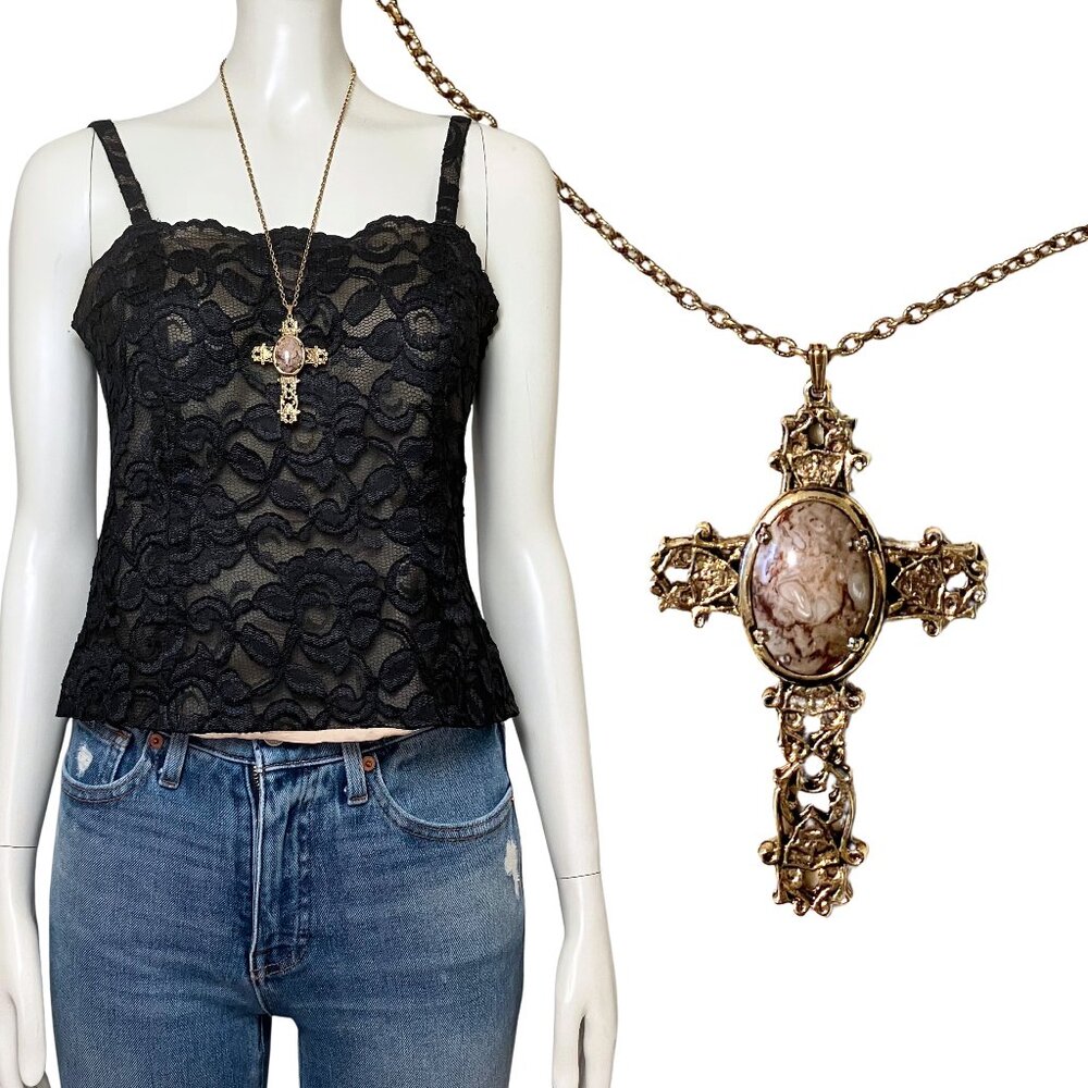 Vintage 70s Ornate Cross Pendant Necklace Cabochon Stone Gothic Boho Statement